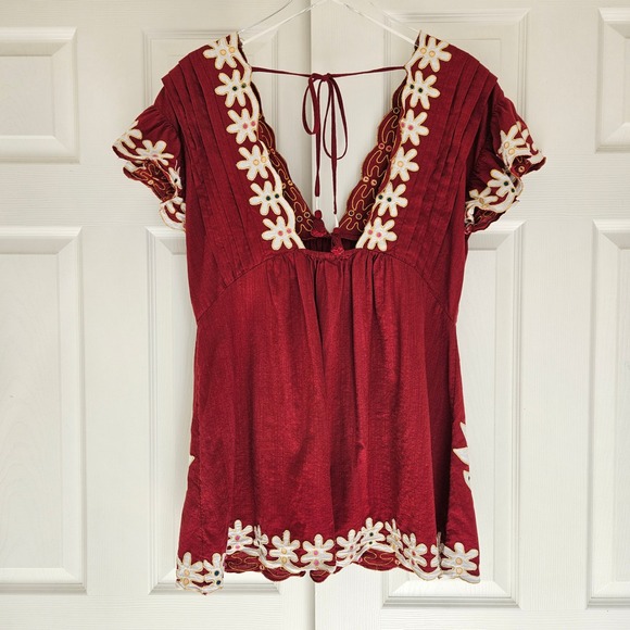 By Anthropologie Pintuck Embroidered Mini Dress Red Size‎ S - Picture 5 of 11